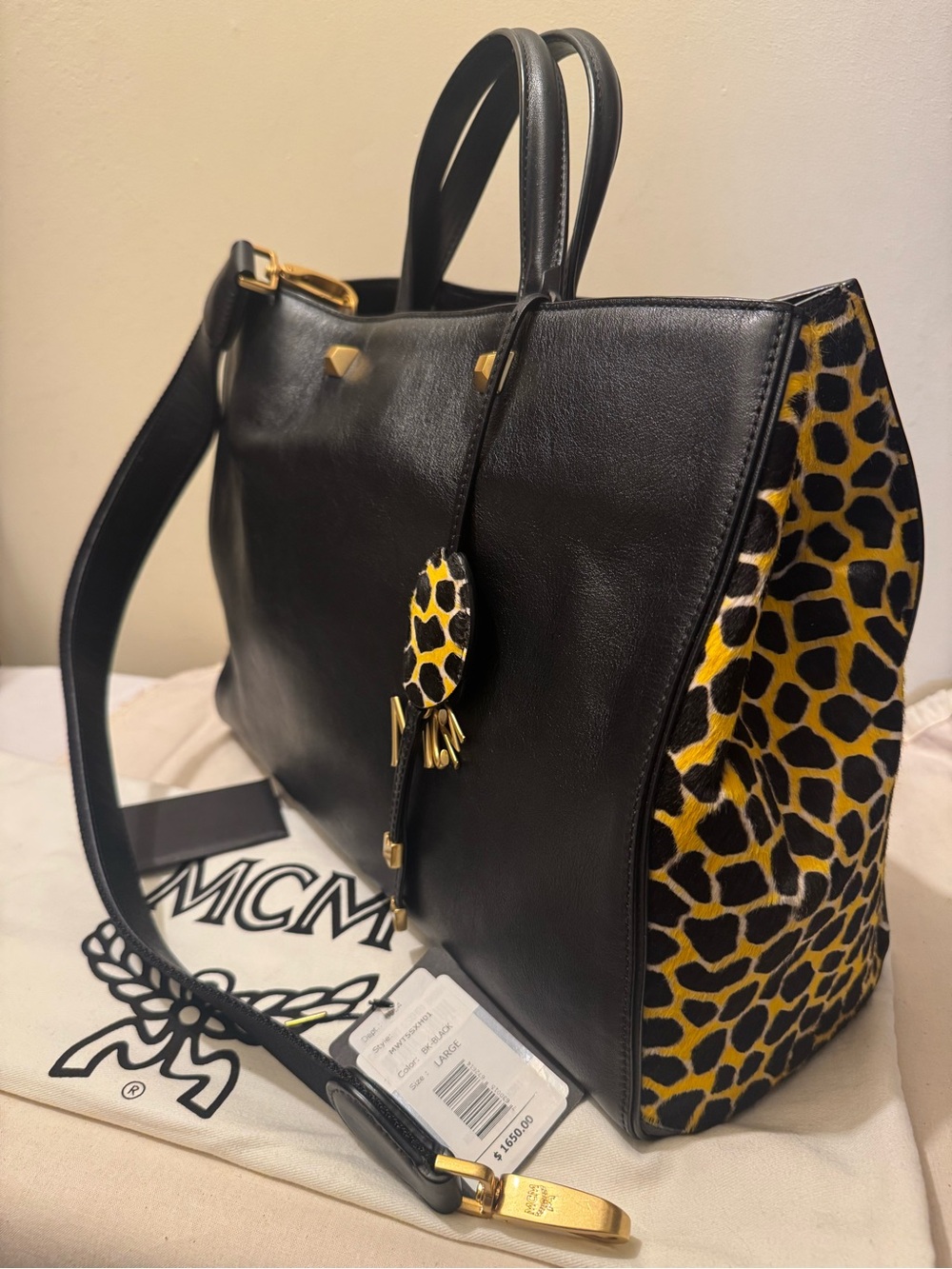 RARE MCM Large Milla AW18 Animal Print Calf Hair Tote Bag Full Boutique Set EUC